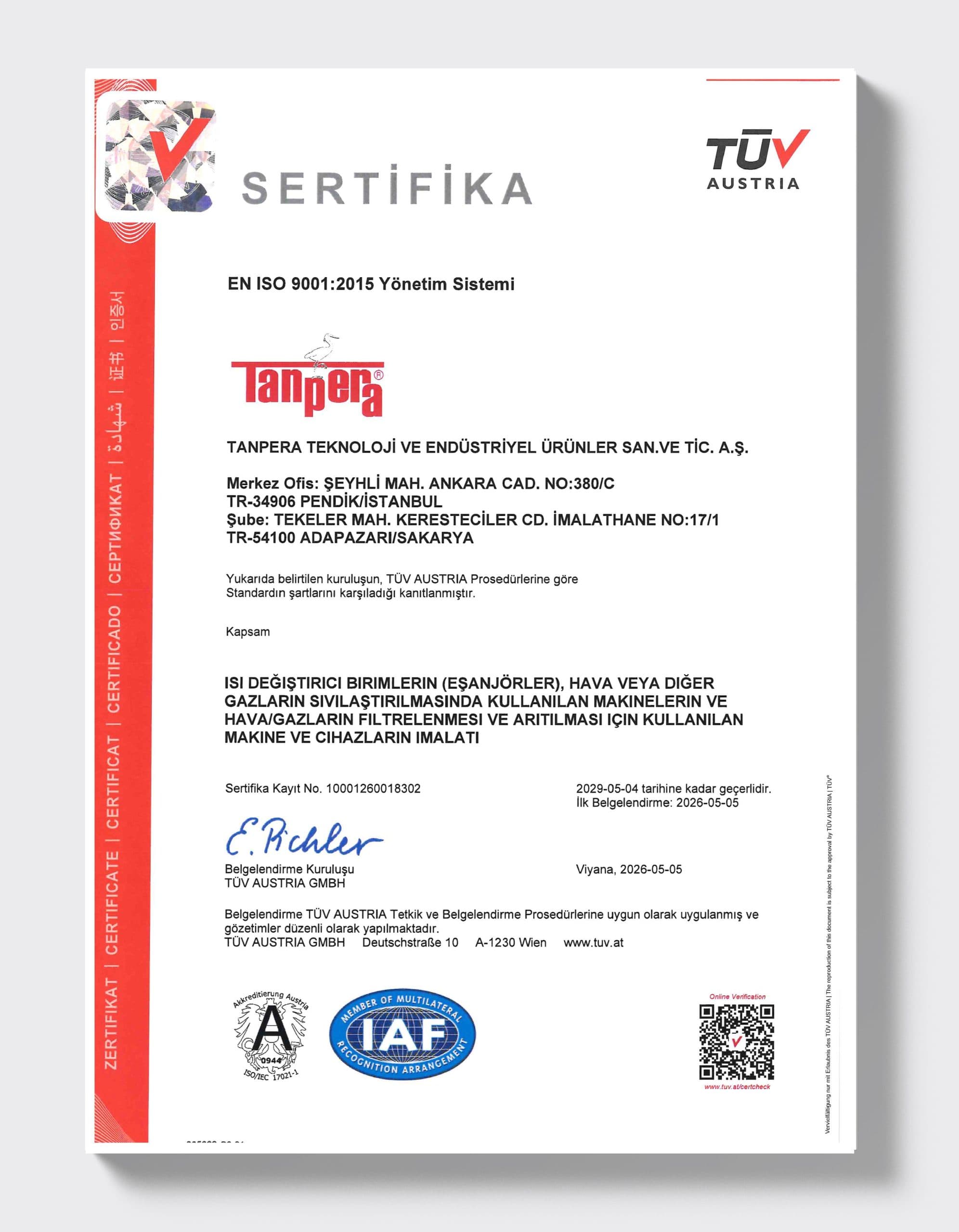 ISO 9001:2015 — Gebze ve Sakarya Tesisleri