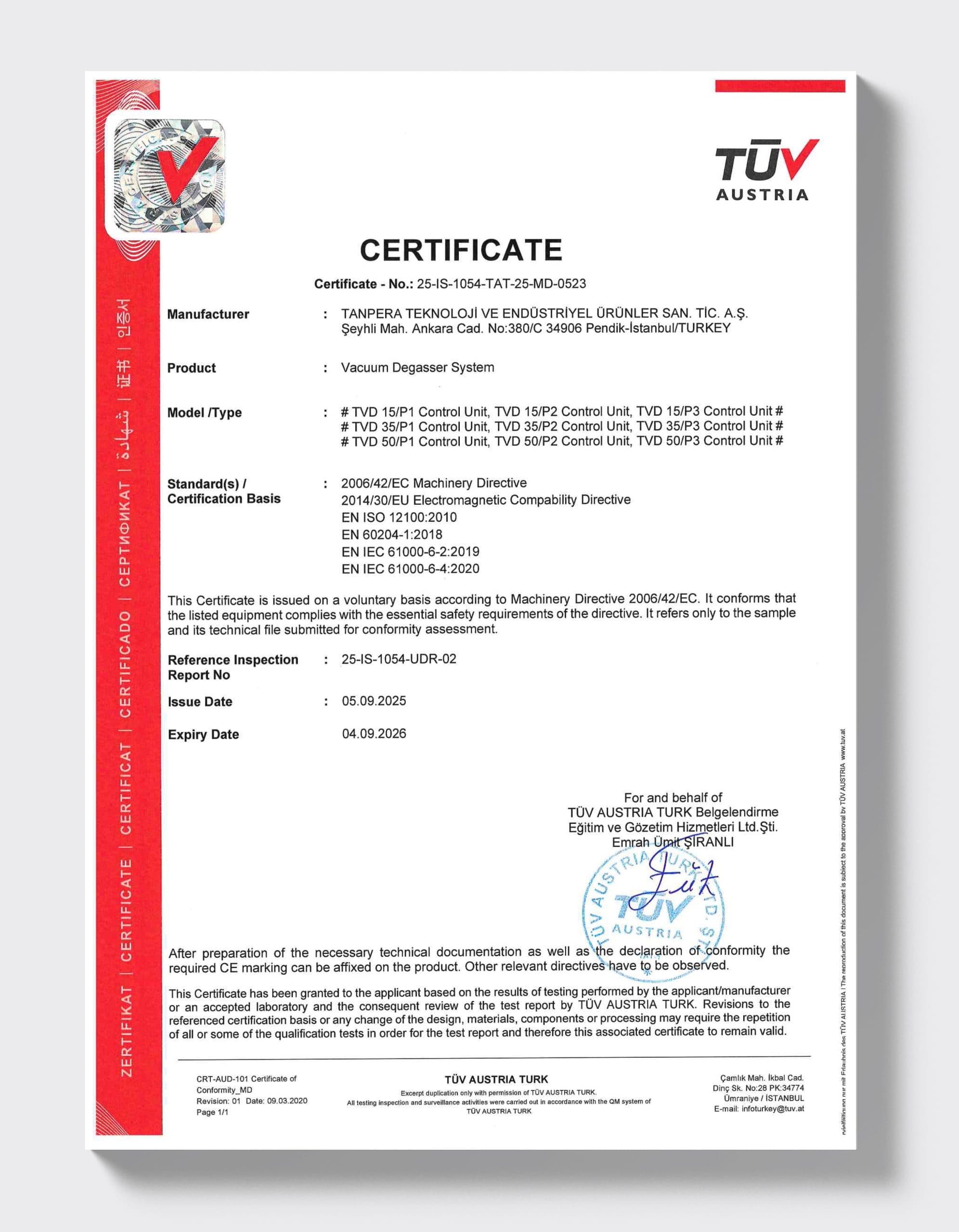 TÜV AUSTRIA — Vakum Degazörü Sistemi (TVD)