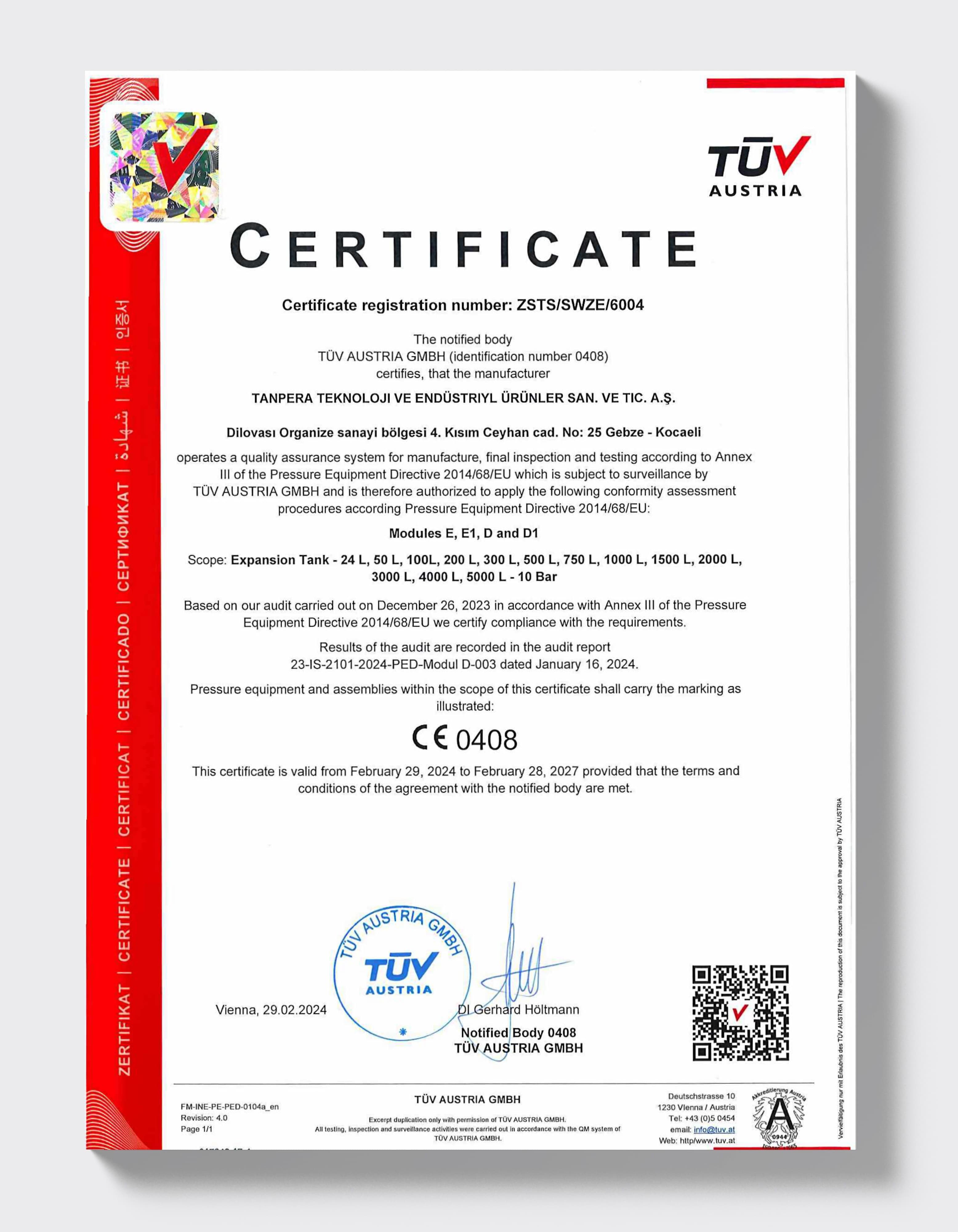 TÜV AUSTRIA — Genleşme Tankı Modül D