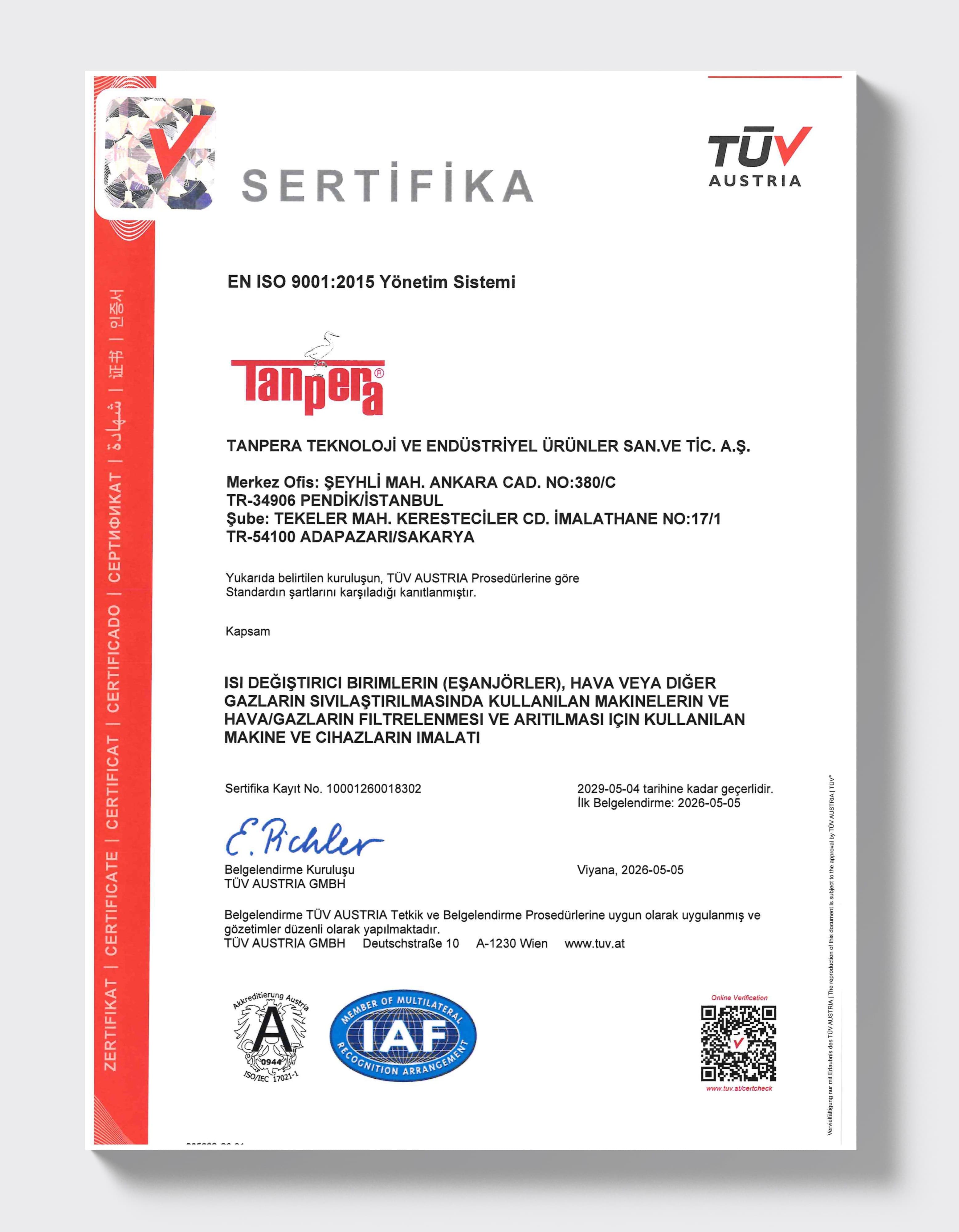 ISO 9001:2015 — Sakarya ve Pendik Tesisleri