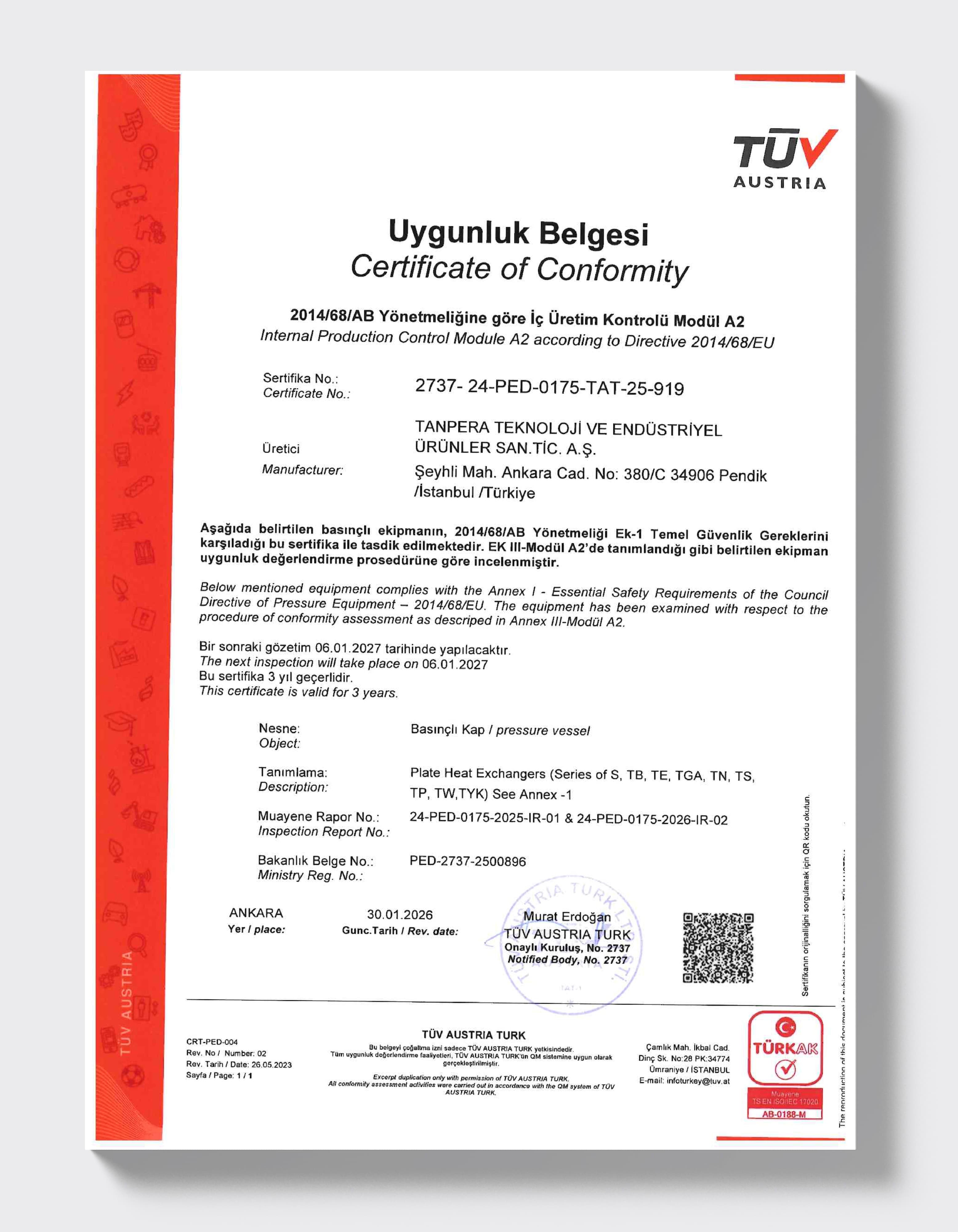 TÜV AUSTRIA — Plakalı Eşanjör A2 Modül