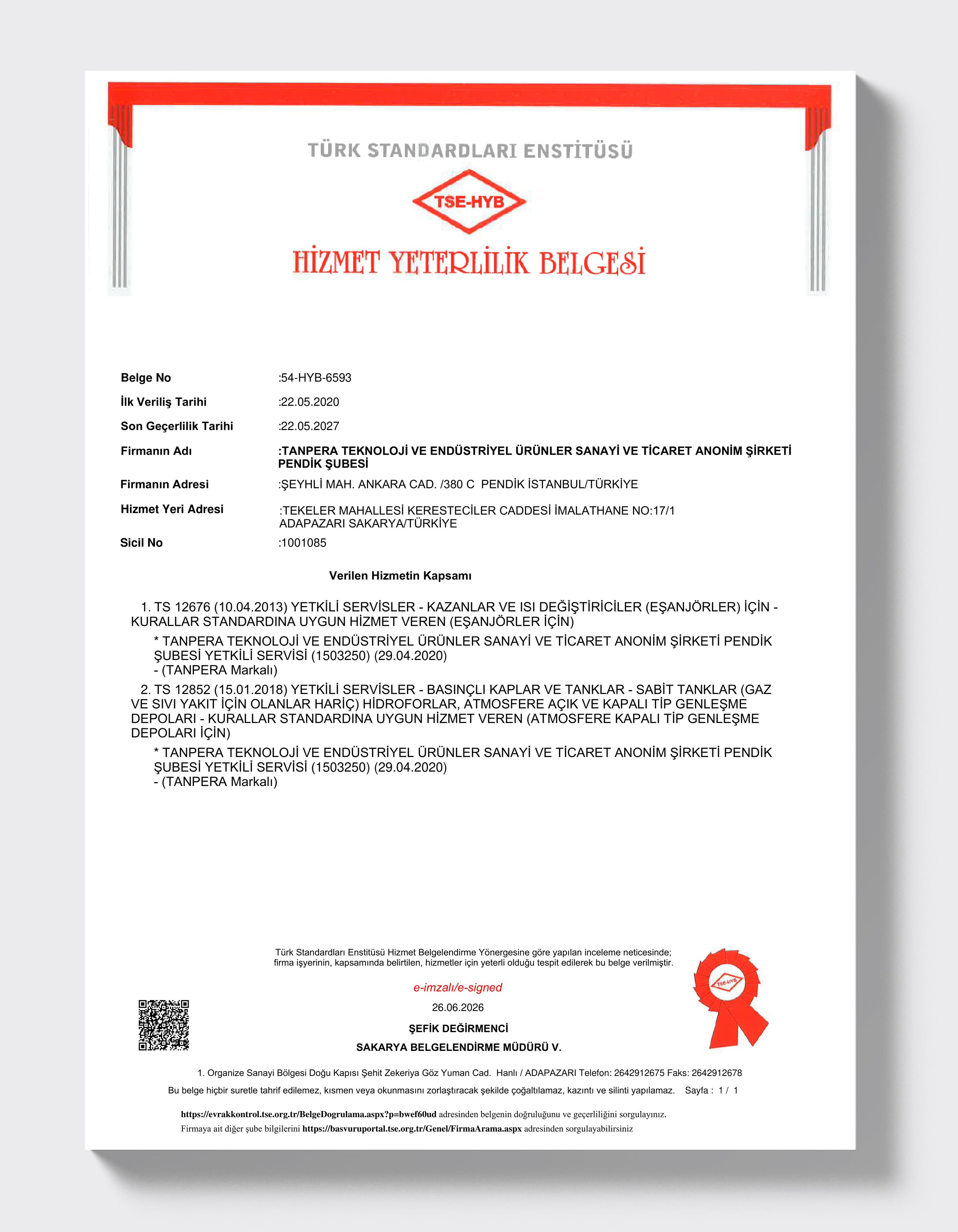 TSE HYB — Hizmet Yeterlilik Belgesi